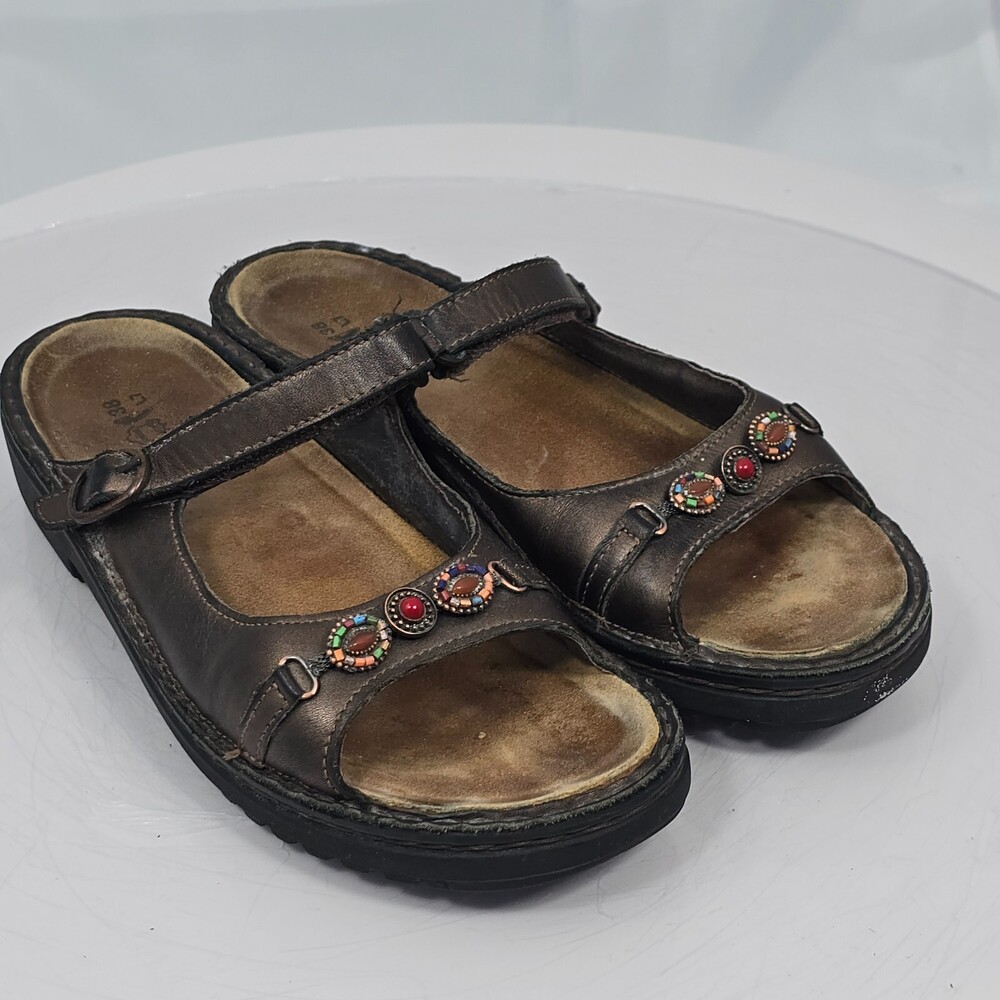 Rare NAOT Sandals Women 38/7 Jeweled Brown/Bronze Leather Cork Comfort Slides